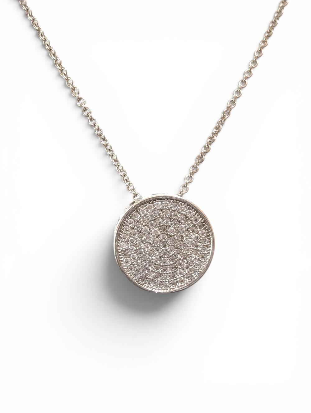 Shimmering Silvertone Pave Circle Disk Necklace